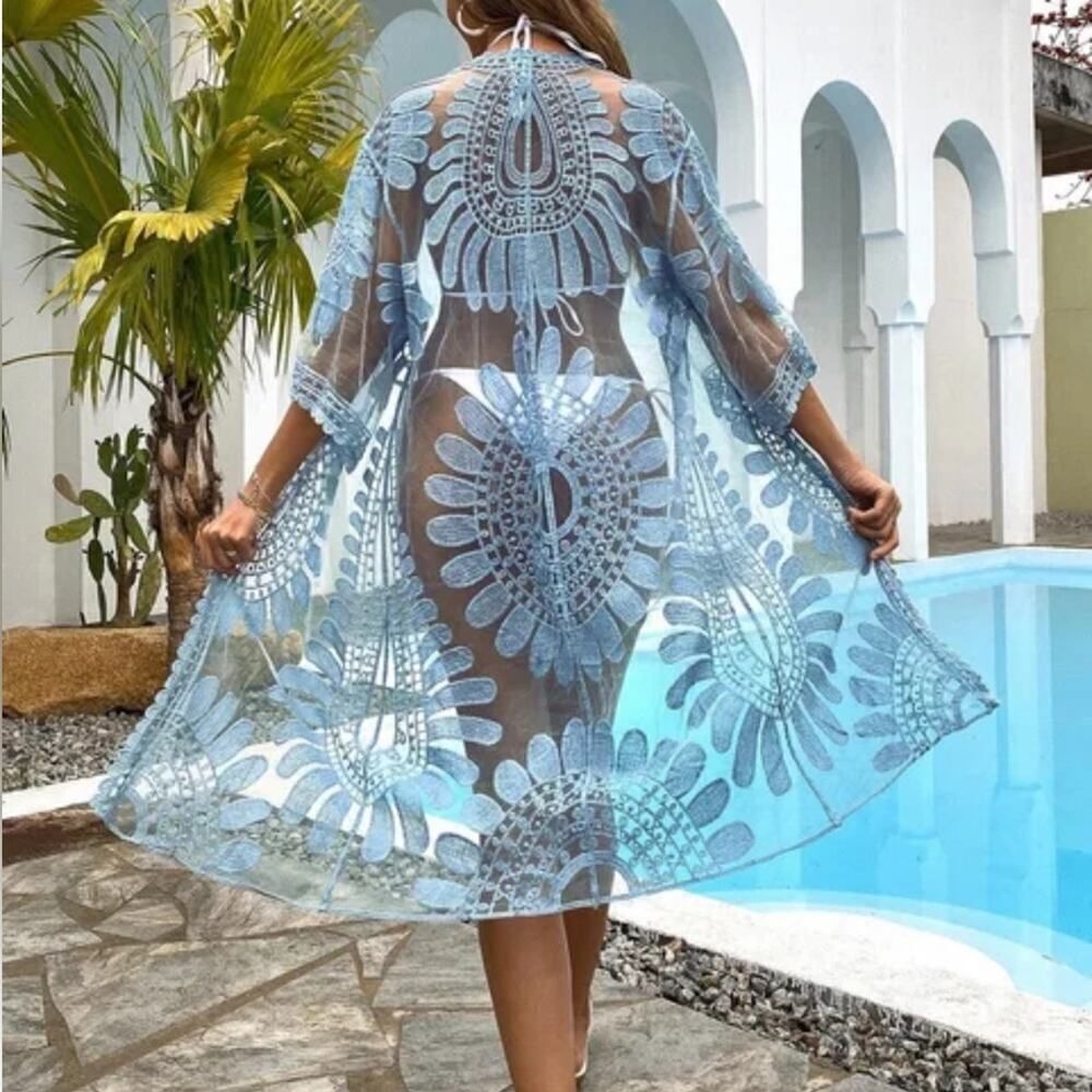 Rebellion Again Blue & White Lace Cover Up Kimono in Floral Medallion Sz S NWOT